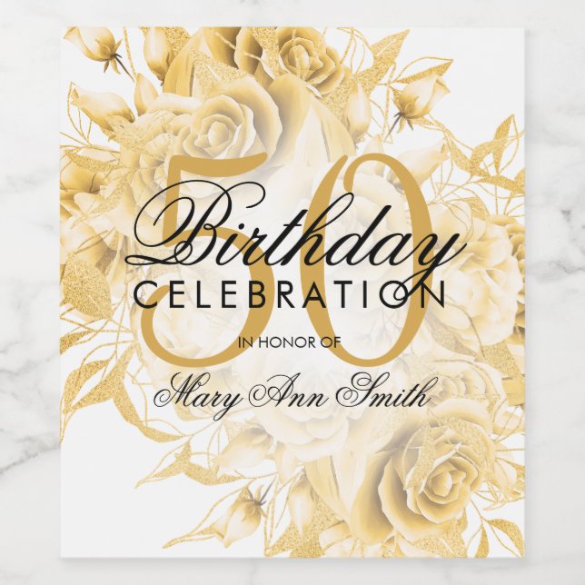 Elegant 50th Birthday Party Floral Gold White  Wine Label (Single Label)