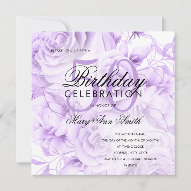 Elegant 50th Birthday Party Floral Purple White (Front)