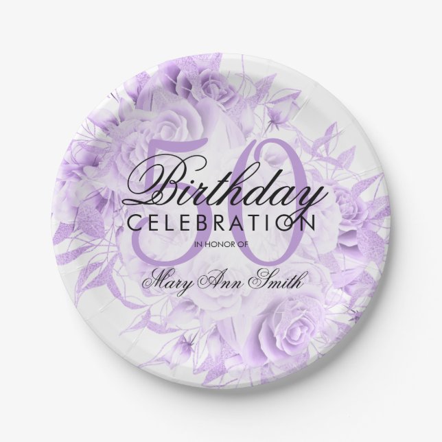 Elegant 50th Birthday Party Floral Purple White Paper Plate (Front)