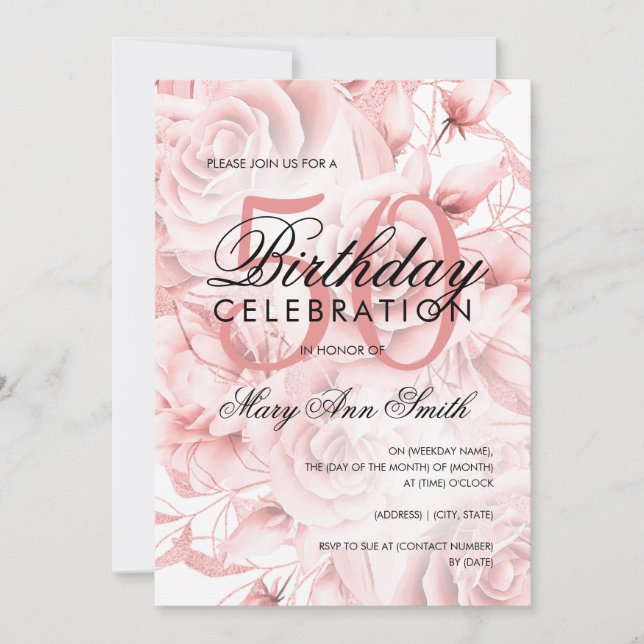 Elegant 50th Birthday Party Floral Rose Gold  Invitation (Front)