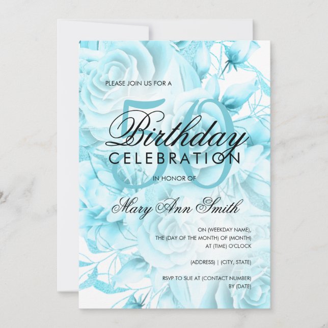Elegant 50th Birthday Party Floral Teal White Invitation (Front)