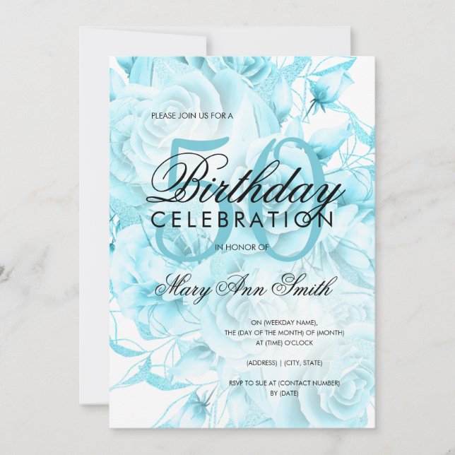 Elegant 50th Birthday Party Floral Teal White Invitation (Front)