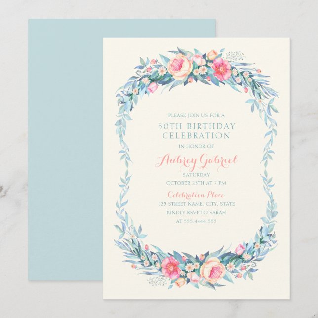 Elegant 50th Birthday Party Floral Watercolor Invitation (Front/Back)