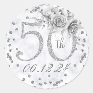 Elegant 50th Birthday Party Glam Marble Silver  Classic Round Sticker