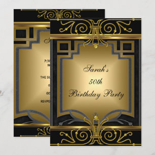 Elegant 50th Birthday Party Gold Black Art Deco Invitation