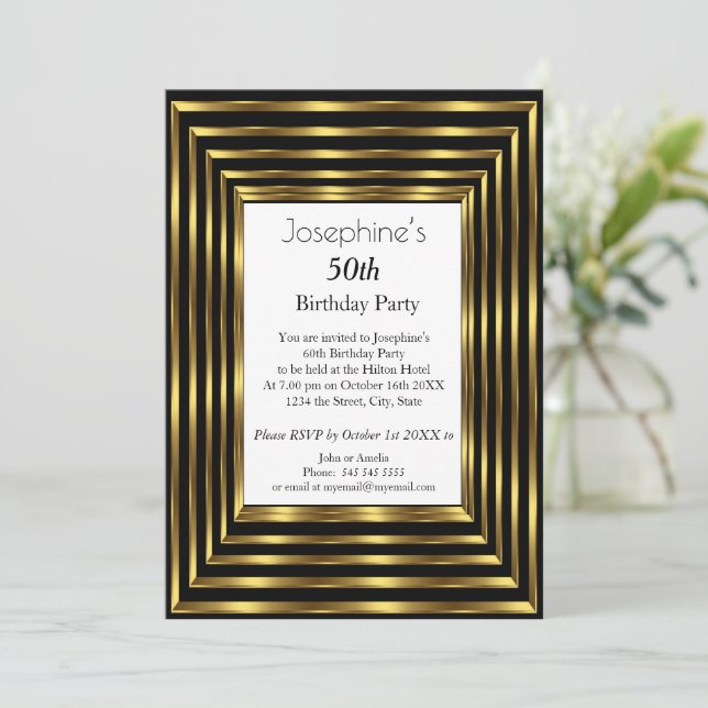 Elegant 50th Birthday Party Gold Black White Invitation (Standing Front)