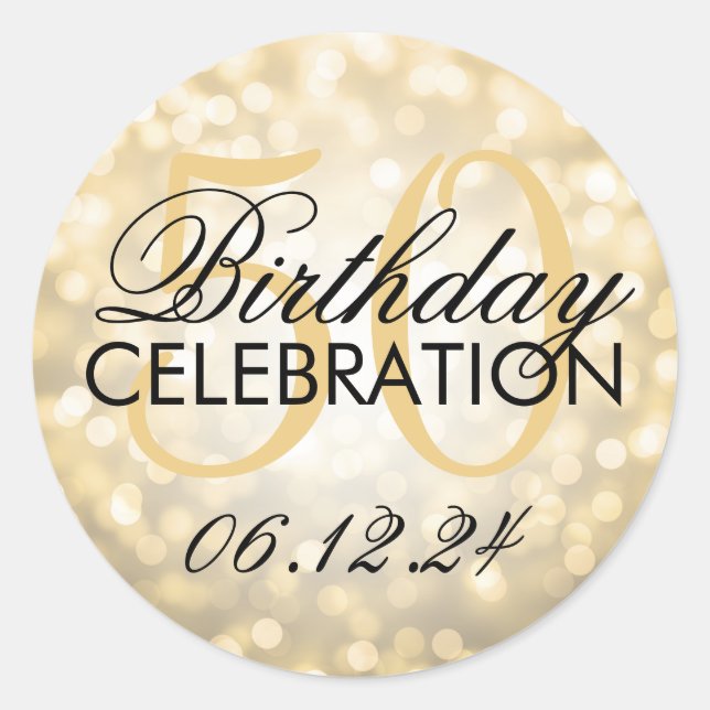 Elegant 50th Birthday Party Gold Glitter Lights Classic Round Sticker (Front)