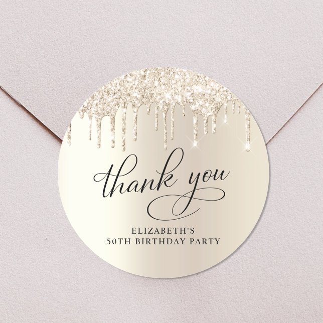 Elegant 50th Birthday Party Gold Glitter Thank You Classic Round Sticker (Creator Uploaded)