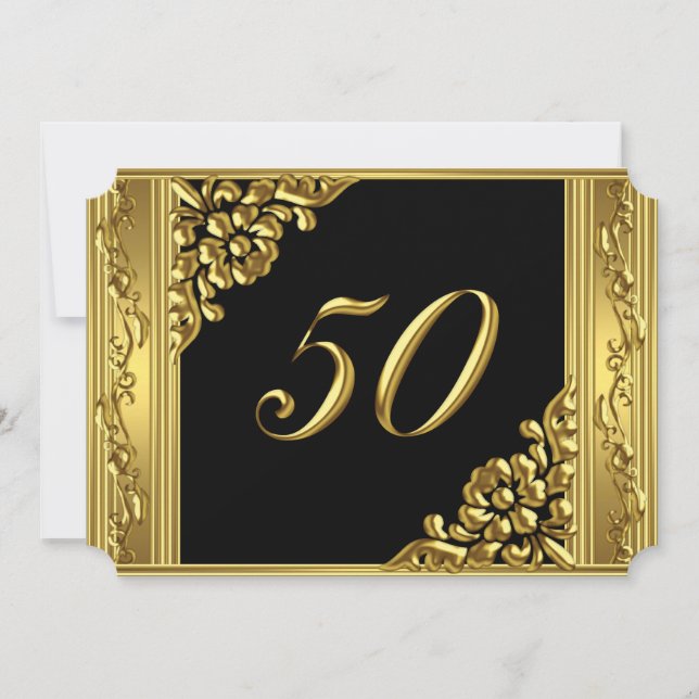Elegant 50th Birthday Party Gold Golden 50 Black Invitation (Front)