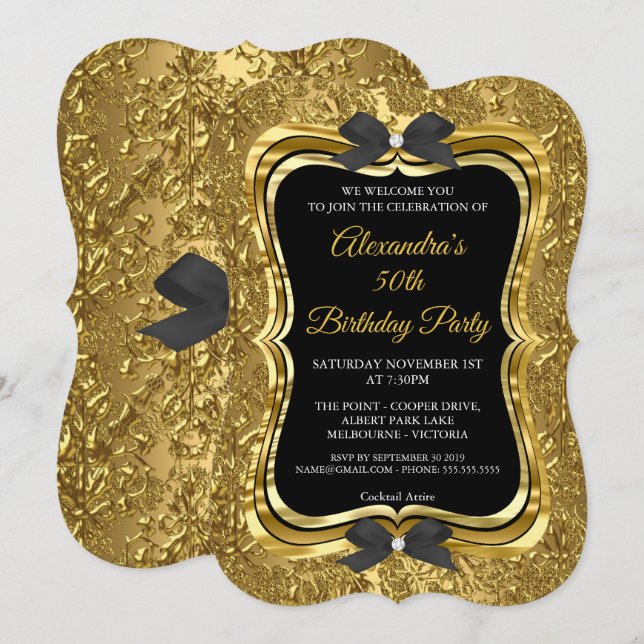 Elegant 50th Birthday Party Gold Golden Black 2 Invitation (Front/Back)