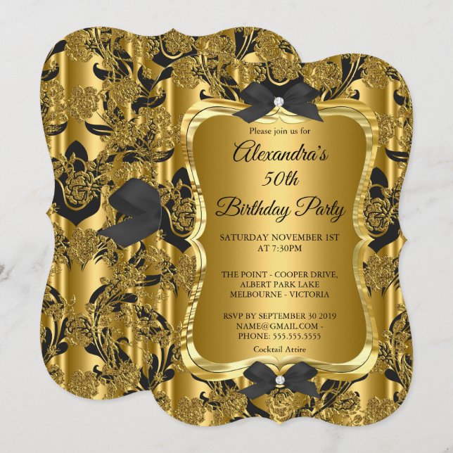 Elegant 50th Birthday Party Gold Golden Black 3 Invitation (Front/Back)