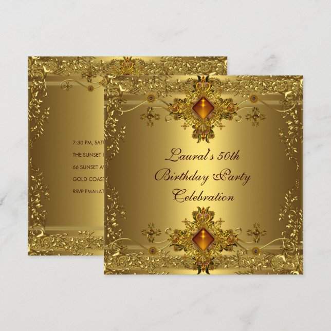 Elegant 50th Birthday Party Gold Lace Gold Jewel Invitation (Front/Back)