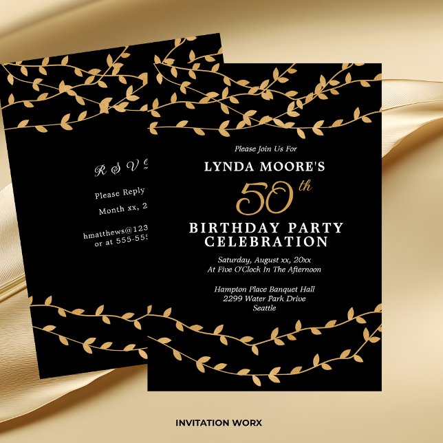 Elegant 50th Birthday Party Gold Leaves on Black Invitation (Elegant 50th Birthday Party Gold Leaves on Black Invitation)