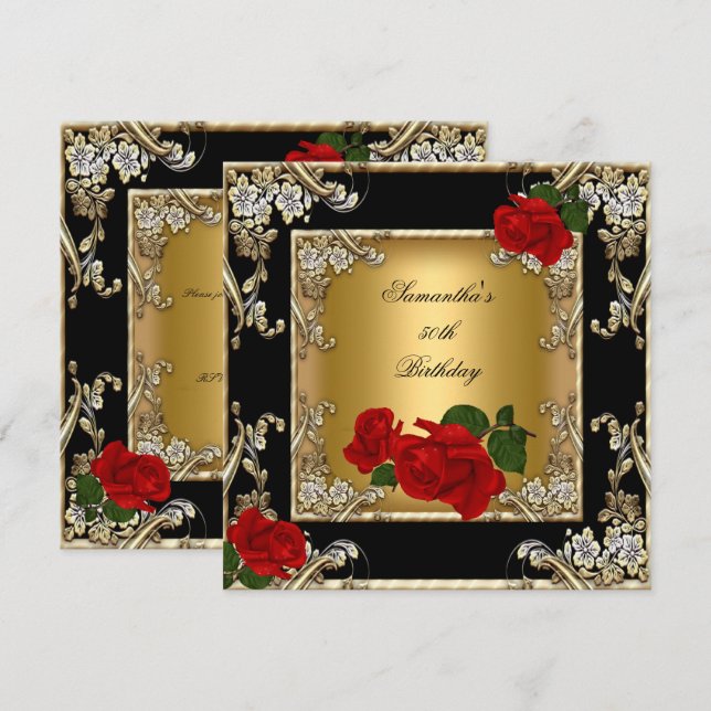 Elegant 50th Birthday Party Gold Red Rose Black Invitation (Front/Back)