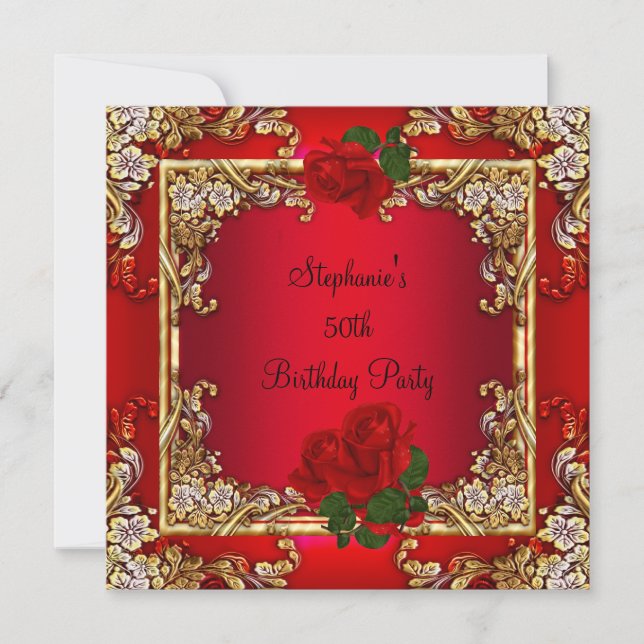 Elegant 50th Birthday Party Gold Red Rose Floral Invitation (Front)