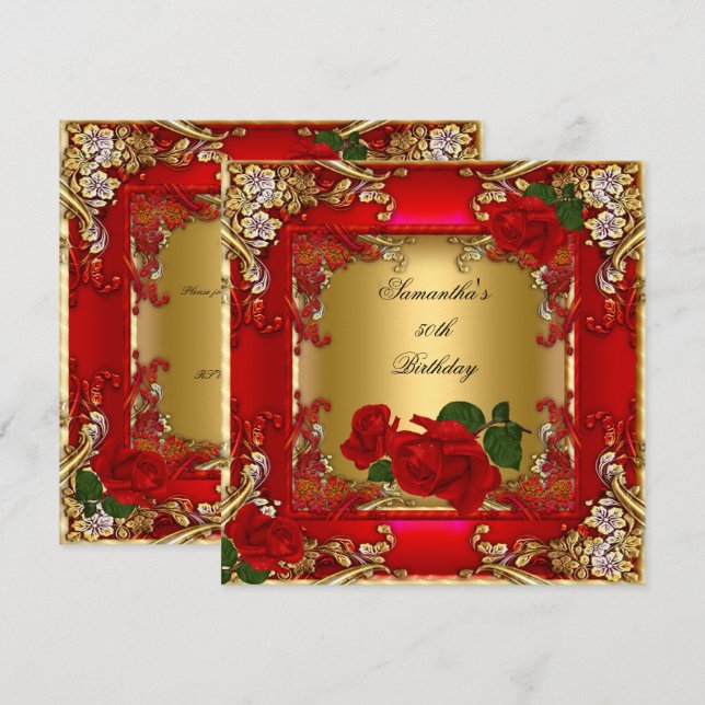 Elegant 50th Birthday Party Gold Red Rose Invitation (Front/Back)