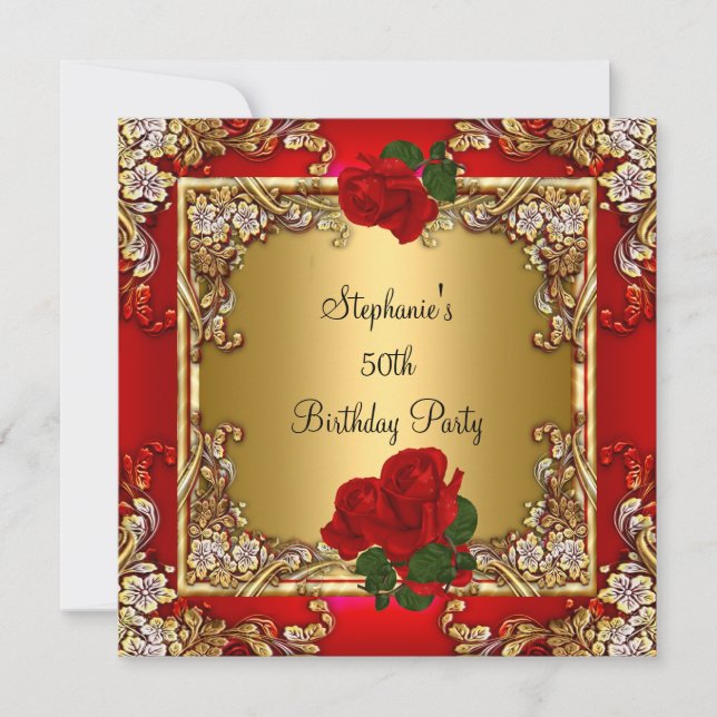 Elegant 50th Birthday Party Gold Red Rose Invitation (Front)