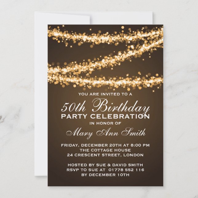 Elegant 50th Birthday Party Gold String Lights Invitation (Front)