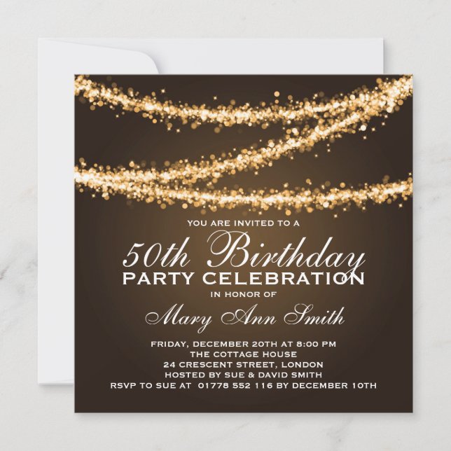 Elegant 50th Birthday Party Gold String Lights Invitation (Front)