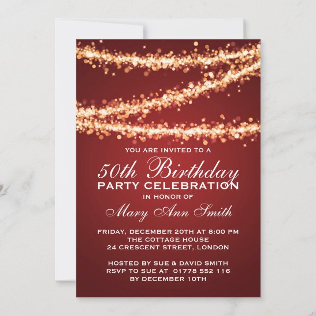 Elegant 50th Birthday Party Gold String Lights Red Invitation (Front)