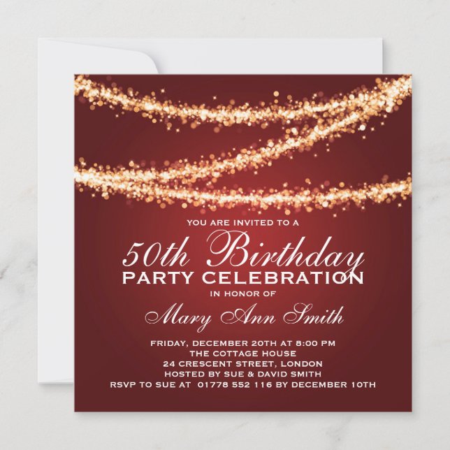 Elegant 50th Birthday Party Gold String Lights Red Invitation (Front)
