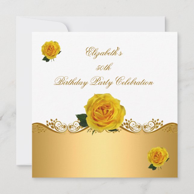 Elegant 50th Birthday Party Gold Yellow Roses Invitation (Front)