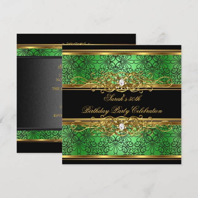 Elegant 50th Birthday Party Green Lime Gold Damask Invitation (Front/Back)