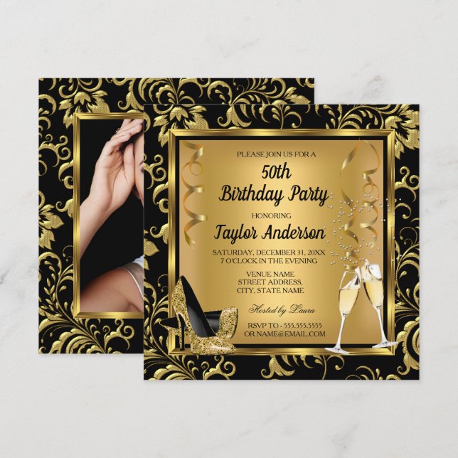 Elegant 50th Birthday Party Heels Champagne Photo Invitation (Front/Back)