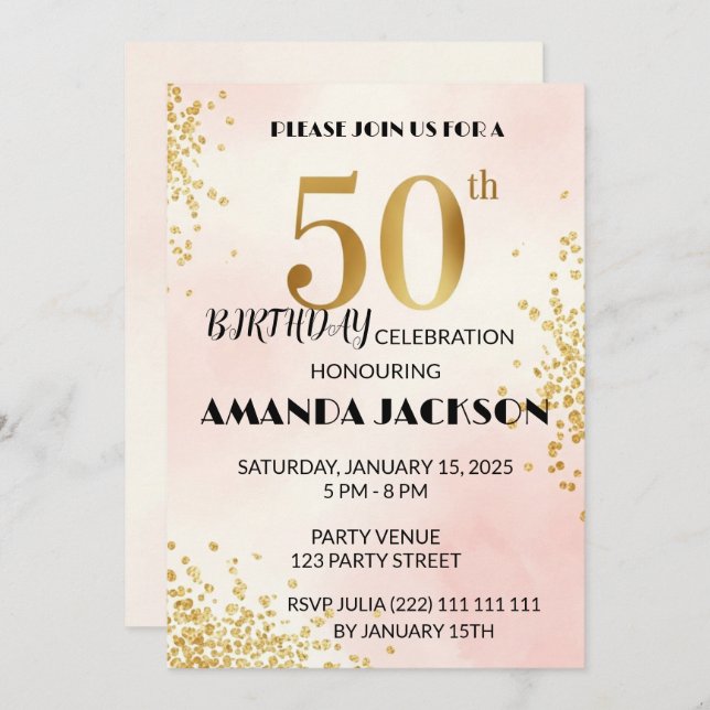 Elegant 50th Birthday Party Invitation Gold & Pink (Front/Back)