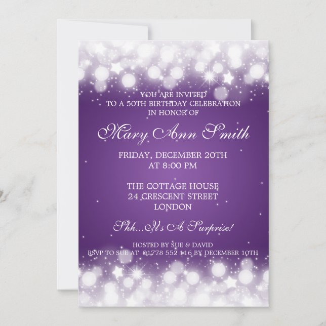 Elegant 50th Birthday Party Magic Sparkle Purple Invitation (Front)