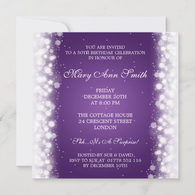 Elegant 50th Birthday Party Magic Sparkle Purple Invitation (Front)
