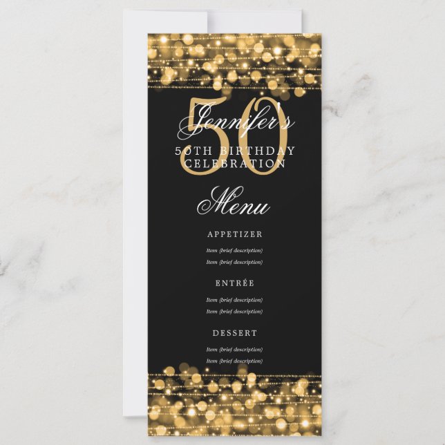 Elegant 50th Birthday Party Menu Gold Lights Invitation (Front)