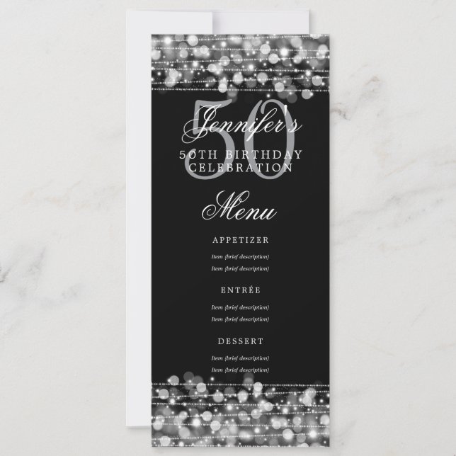 Elegant 50th Birthday Party Menu Silver Lights Invitation (Front)