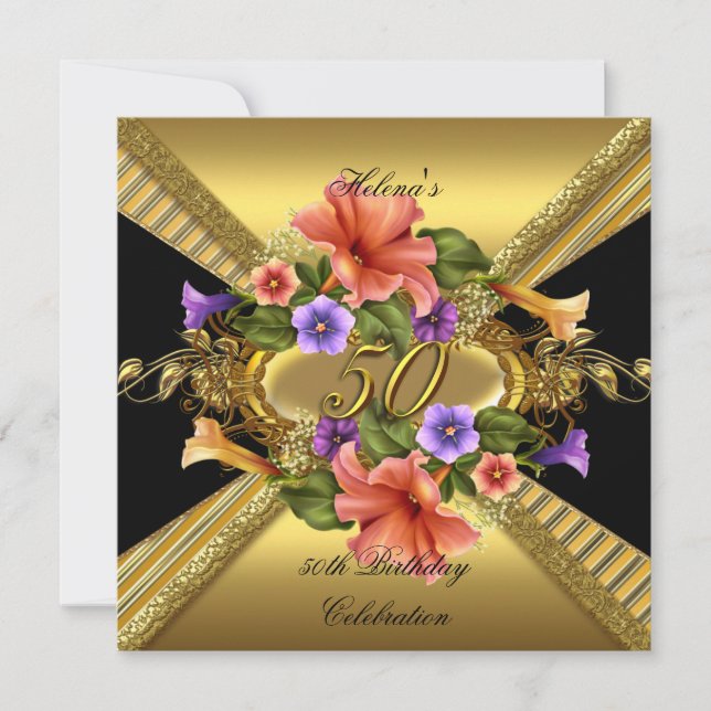Elegant 50th Birthday Party Petunias Gold Black Invitation (Front)