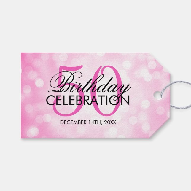 Elegant 50th Birthday Party Pink Glitter Lights Gift Tags (Front (Horizontal))