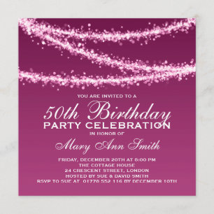 Elegant 50th Birthday Party Pink String Lights Invitation