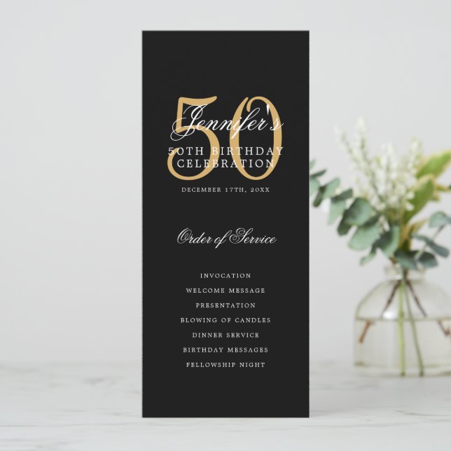 Elegant 50th Birthday Party Program Black Gold  Invitation (Standing Front)