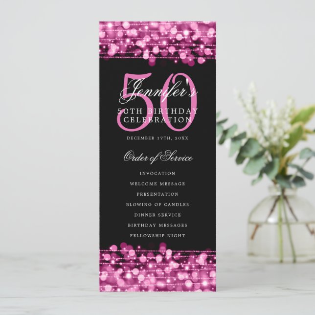 Elegant 50th Birthday Party Program Hot Pink Menu Invitation (Standing Front)