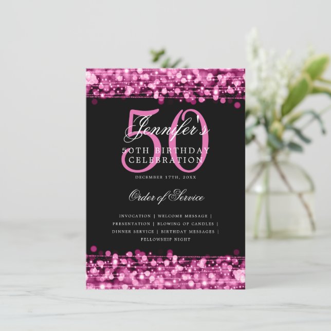 Elegant 50th Birthday Party Program Hot Pink Menu Invitation (Standing Front)