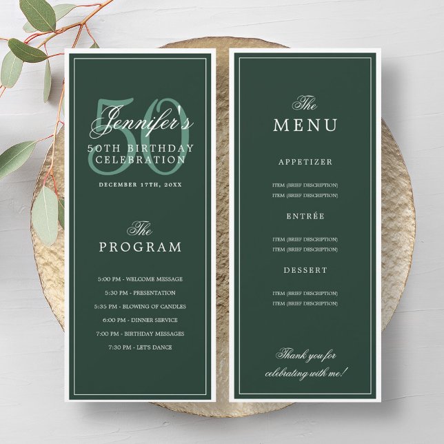 Elegant 50th Birthday Party Program Menu Green  Invitation (Elegant 50th Birthday Party Program Menu Green )