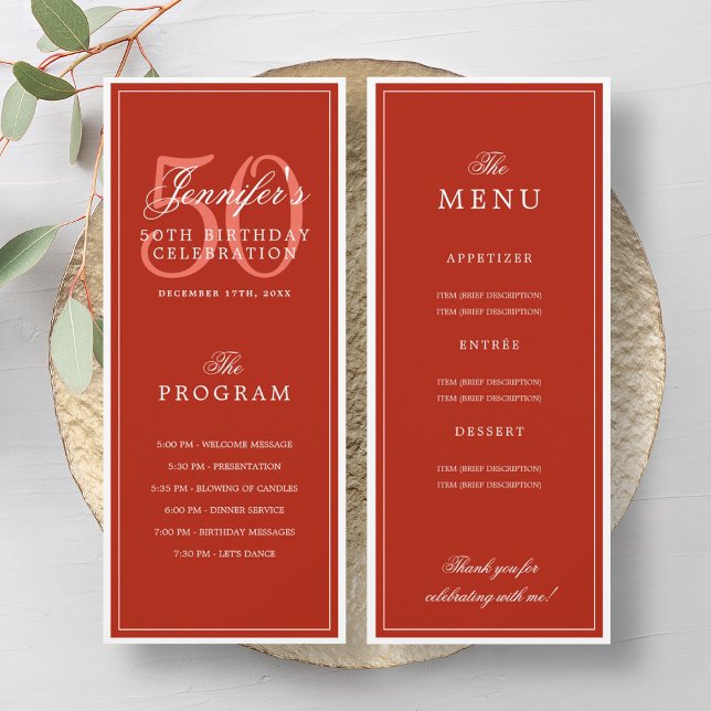 Elegant 50th Birthday Party Program Menu Red  Invitation (Elegant 50th Birthday Party Program Menu Red )