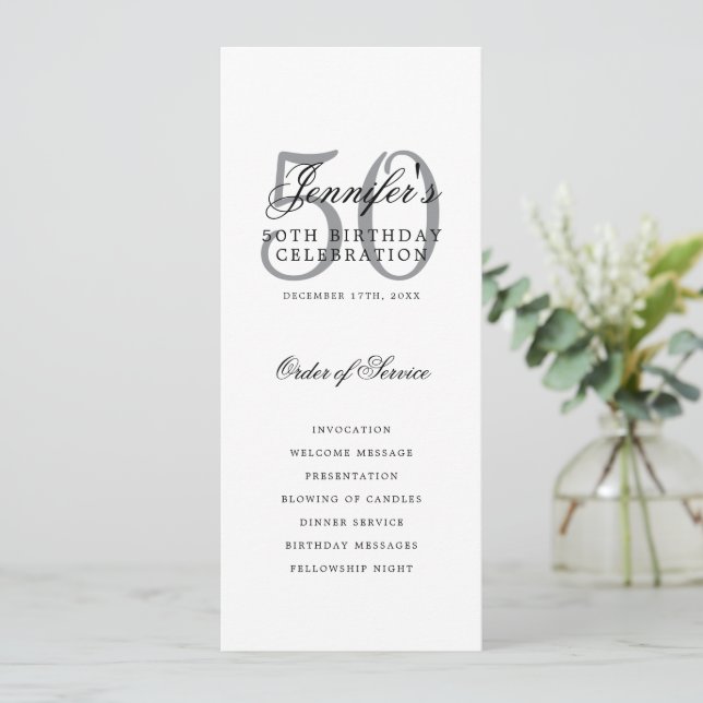 Elegant 50th Birthday Party Program Silver  Invitation (Standing Front)