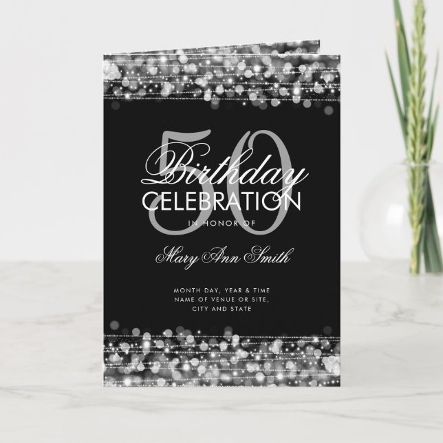 Elegant 50th Birthday Party Program Silver w/ Menu (Front)