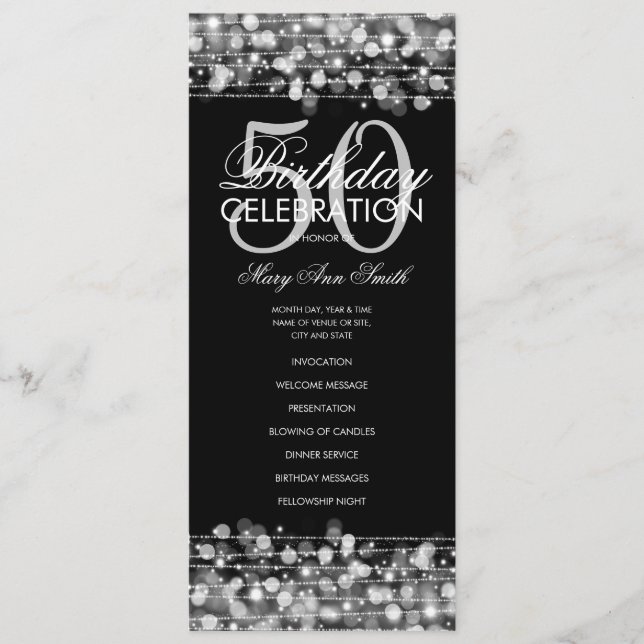 Elegant 50th Birthday Party Program Silver w/ Menu (Front)