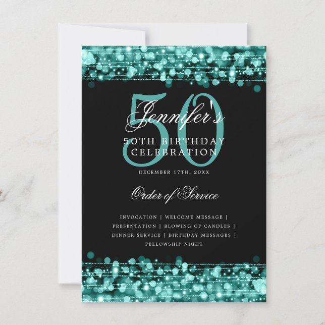 Elegant 50th Birthday Party Program Turquoise Menu Invitation (Front)
