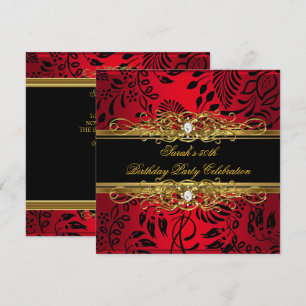 Elegant 50th Birthday Party Red Black Gold Damask Invitation