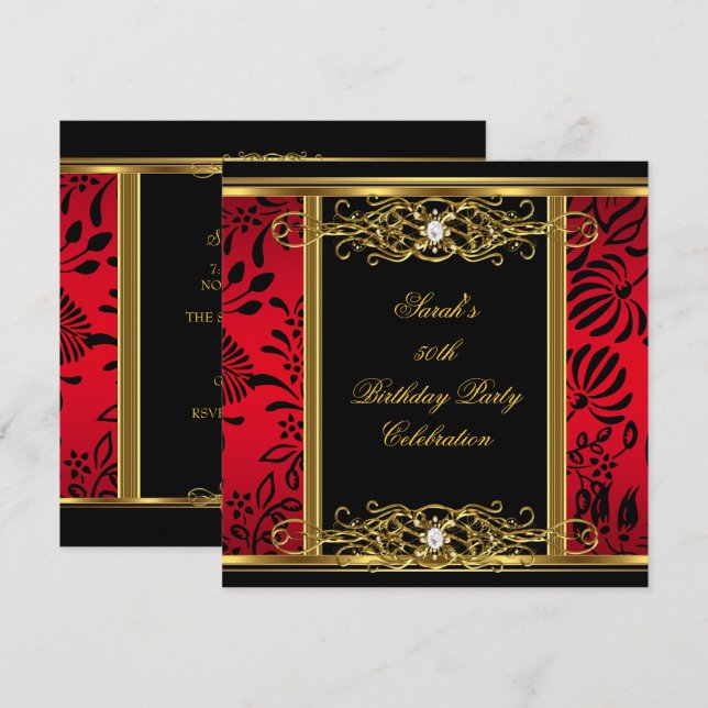 Elegant 50th Birthday Party Red Black Gold Damask Invitation (Front/Back)