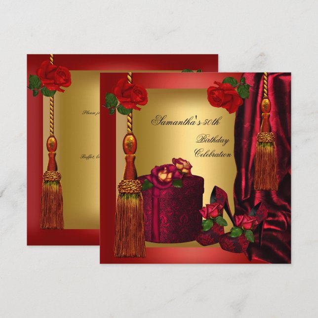 Elegant 50th Birthday Party Red Rose Gold 4 Invitation (Front/Back)