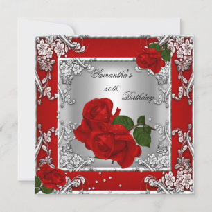 Elegant 50th Birthday Party Red Rose Silver Invitation