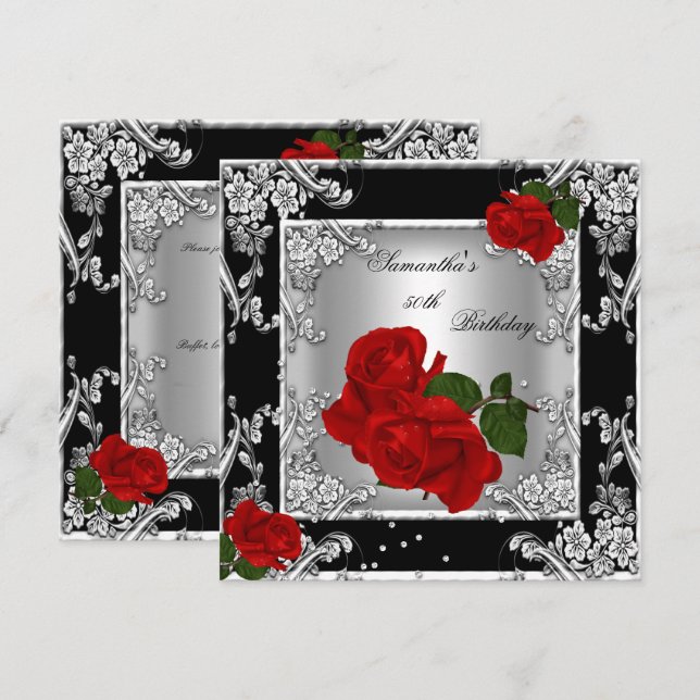Elegant 50th Birthday Party Red Rose Silver Invitation (Front/Back)